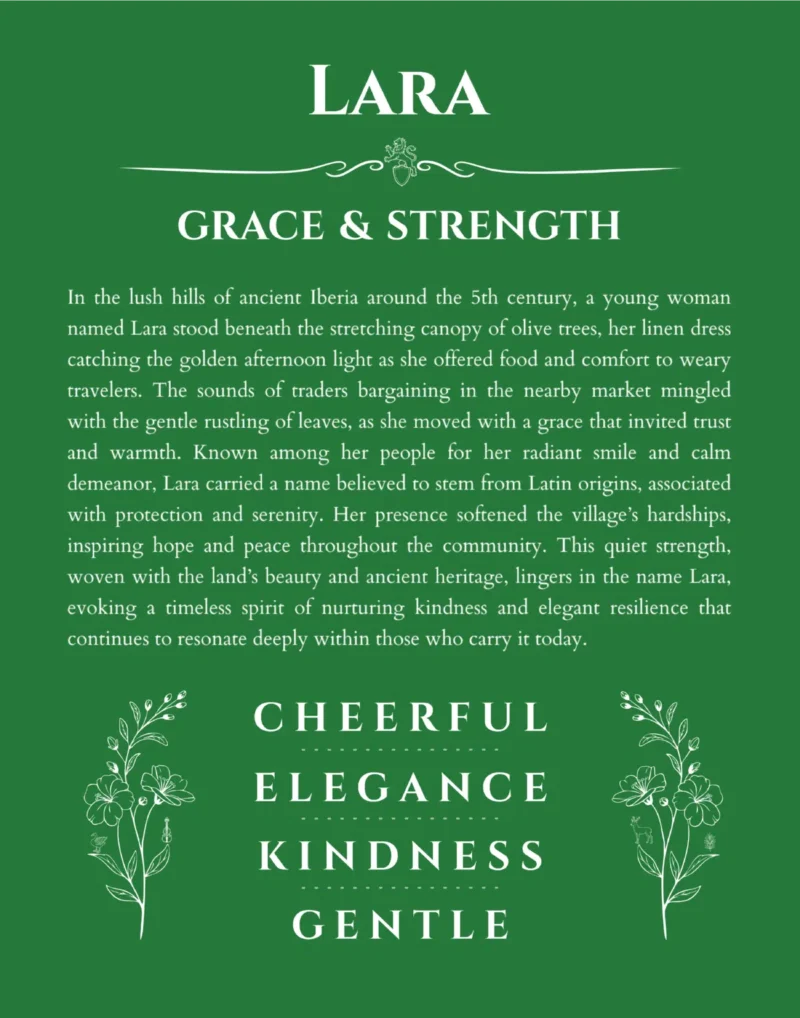 Lara custom name art showing meaning and origin in dark green