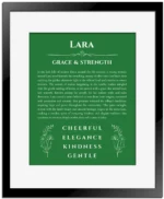 Lara custom name art showing meaning and origin in dark green with black matte frame