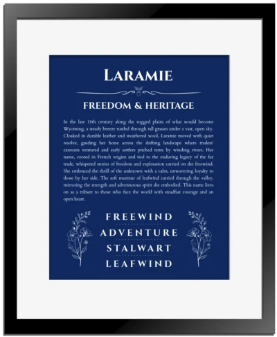 Laramie custom name print for wall display in deep blue with black matte frame