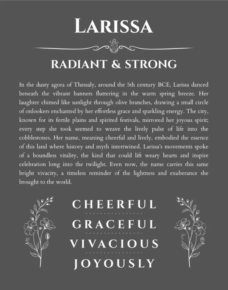 Larissa personalized name print with origin and traits in gray