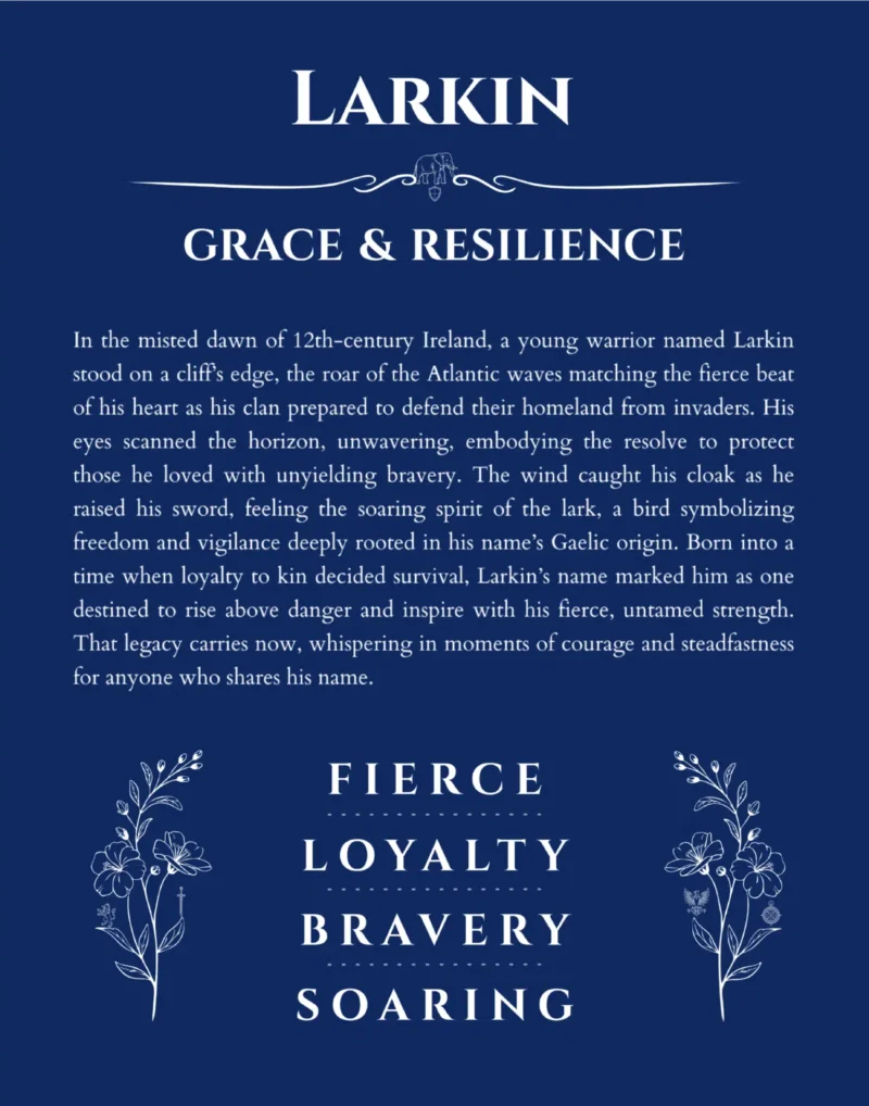 Larkin personalized name art with origin story in deep blue
