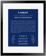 Larkin personalized name art with origin story in deep blue with black matte frame