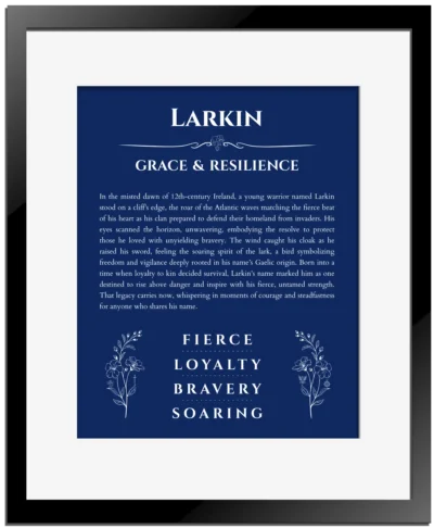 Larkin personalized name art with origin story in deep blue with black matte frame