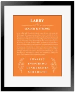 Larry name meaning wall art by Get Your Story in orange with black matte frame