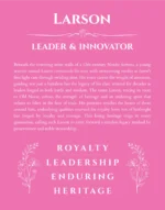 Larson personalized name print with origin and traits in pink