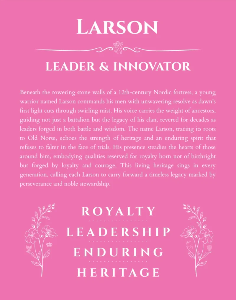 Larson personalized name print with origin and traits in pink