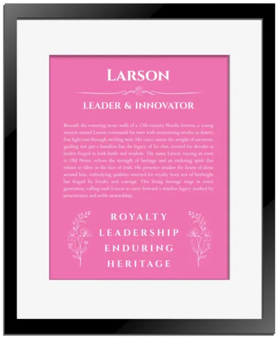 Larson personalized name print with origin and traits in pink with black matte frame