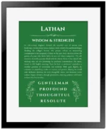 Lathan personalized name meaning print in dark green with black matte frame