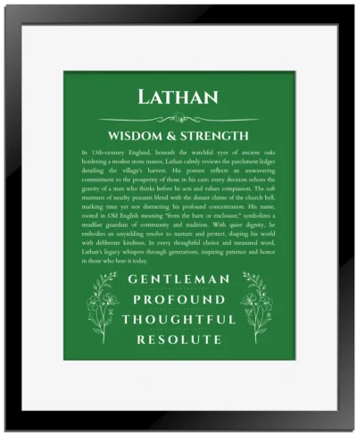 Lathan personalized name meaning print in dark green with black matte frame