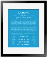 Latoya personalized wall art with the story of your name in blue with black matte frame