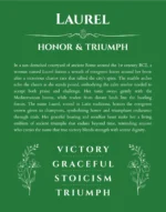 Laurel name origin print with meaning and traits in dark green