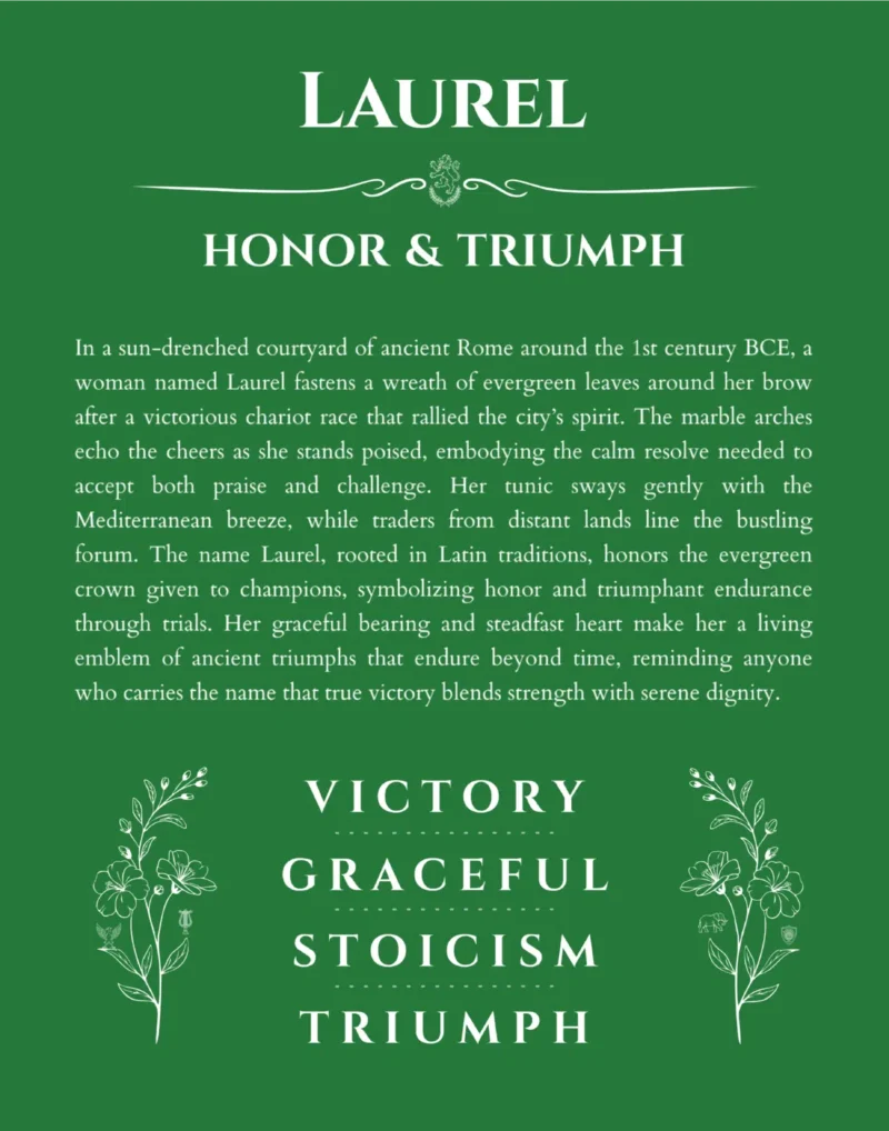 Laurel name origin print with meaning and traits in dark green
