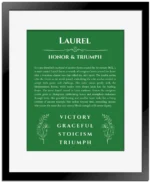 Laurel name origin print with meaning and traits in dark green with black matte frame