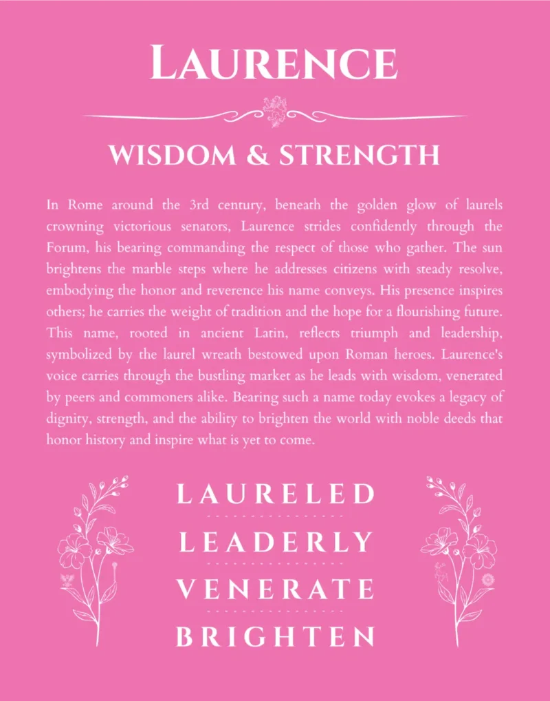 Laurence name origin print with meaning and traits in pink