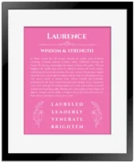 Laurence name origin print with meaning and traits in pink with black matte frame