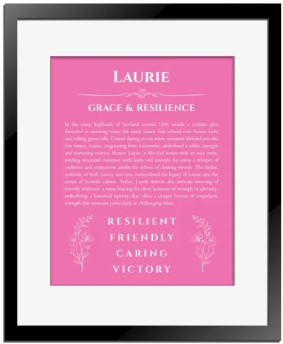 Laurie personalized name meaning print in pink with black matte frame
