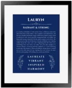 Lauryn custom name meaning print in deep blue with black matte frame