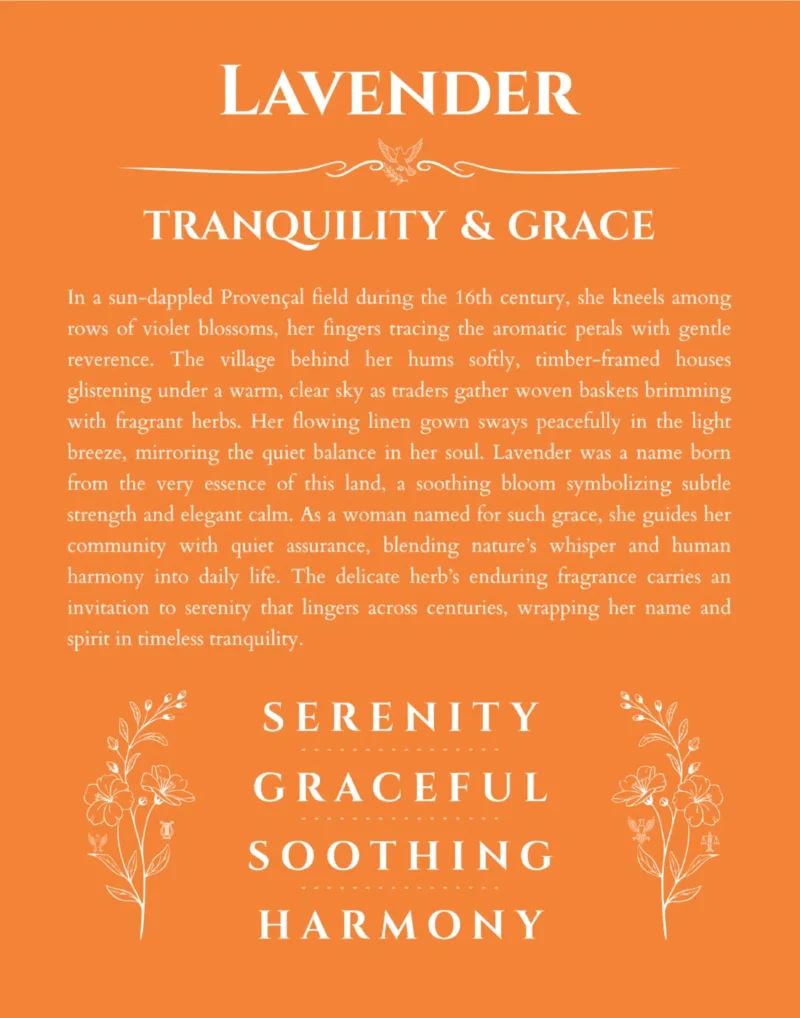 Lavender custom name art showing meaning and origin in orange