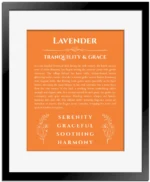 Lavender custom name art showing meaning and origin in orange with black matte frame