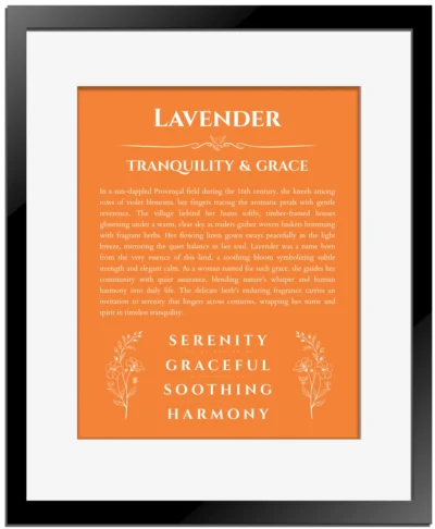 Lavender custom name art showing meaning and origin in orange with black matte frame