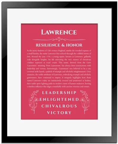 Lawrence name meaning gift print in red with black matte frame