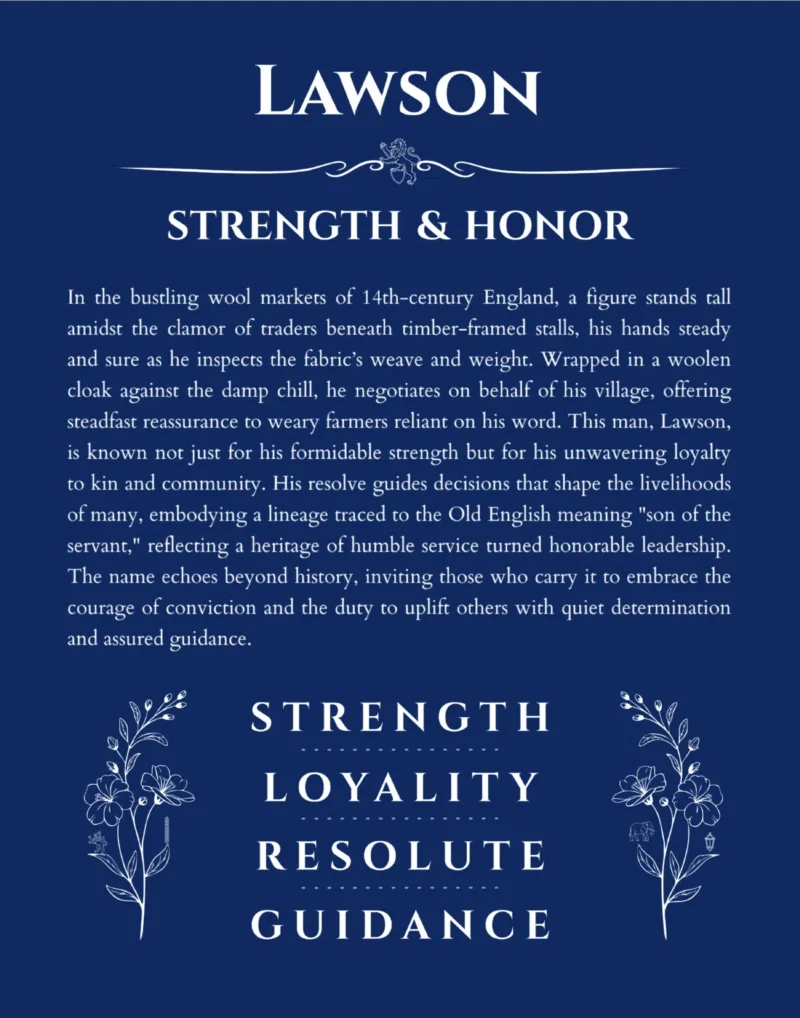 Lawson name origin print with meaning and traits in deep blue