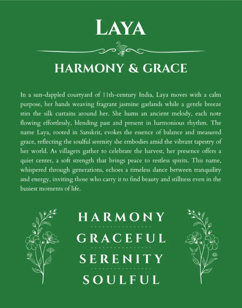 Laya name origin print with meaning and traits in dark green