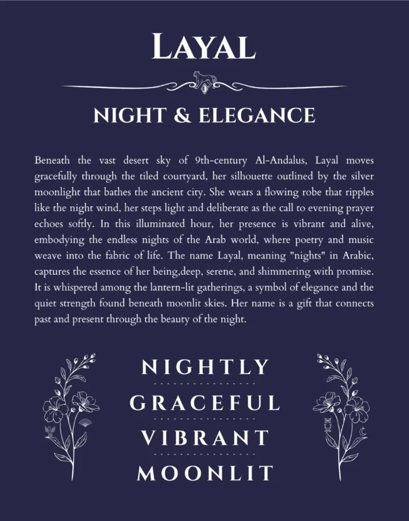 Layal personalized name print with origin and traits in navy blue