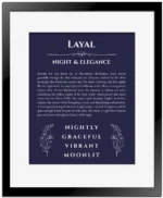 Layal personalized name print with origin and traits in navy blue with black matte frame