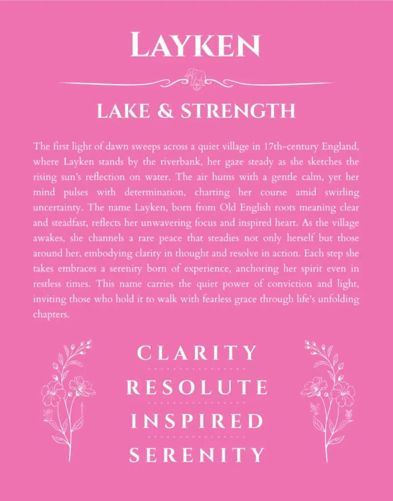 Layken custom name art showing meaning and origin in pink