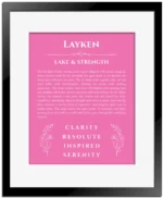 Layken custom name art showing meaning and origin in pink with black matte frame