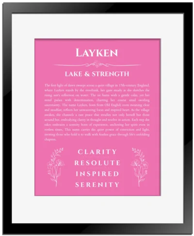 Layken custom name art showing meaning and origin in pink with black matte frame