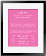 Laylani personalized wall art with the story of your name in pink with black matte frame