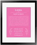 Layna personalized name meaning print in pink with black matte frame