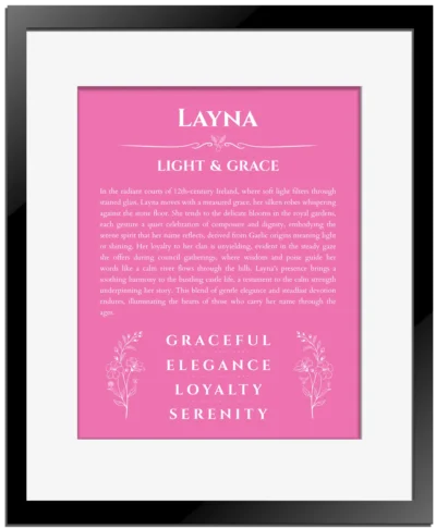 Layna personalized name meaning print in pink with black matte frame