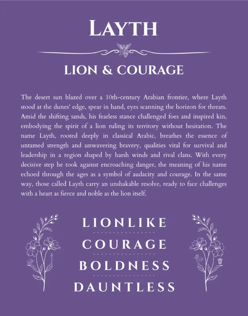 Layth personalized name art with origin story in purple