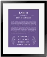 Layth personalized name art with origin story in purple with black matte frame