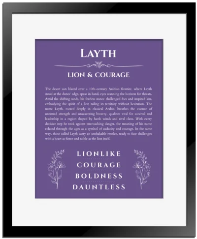 Layth personalized name art with origin story in purple with black matte frame