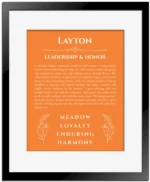 Layton custom name art showing meaning and origin in orange with black matte frame