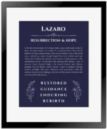 Lazaro personalized name print with origin and traits in navy blue with black matte frame