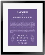 Lazarus personalized name meaning print in purple with black matte frame