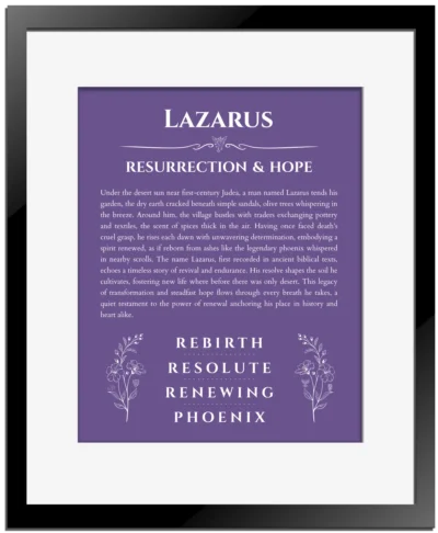 Lazarus personalized name meaning print in purple with black matte frame
