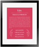 Lea custom name meaning print in red with black matte frame