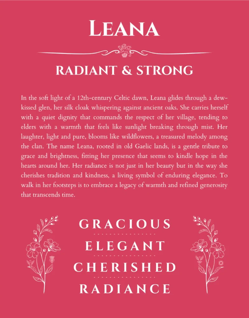 Leana name origin print with meaning and traits in red
