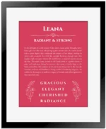 Leana name origin print with meaning and traits in red with black matte frame