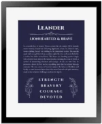 Leander custom name meaning print in navy blue with black matte frame