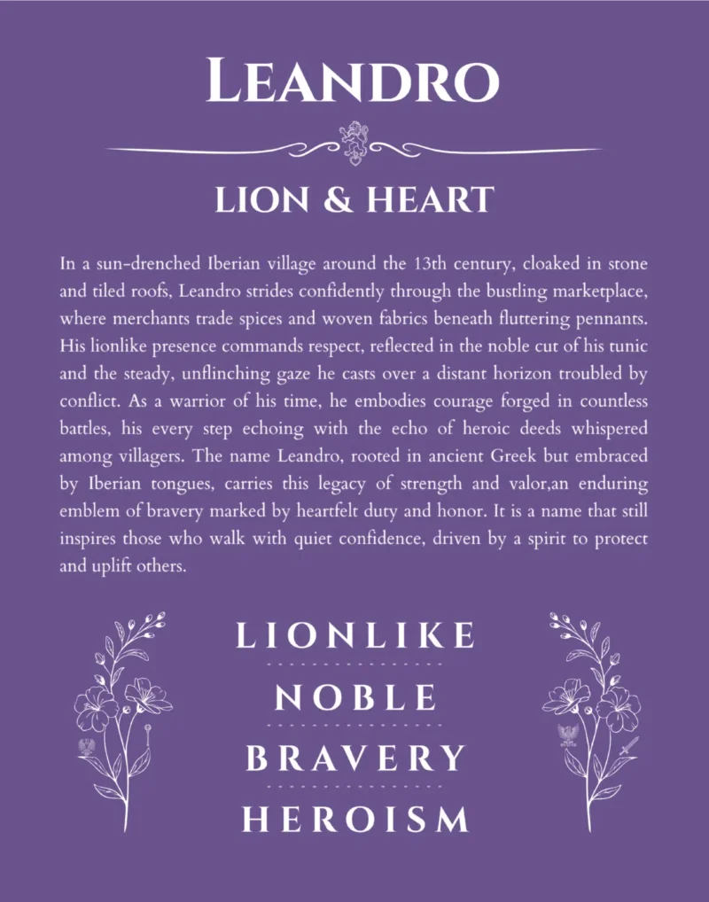 Leandro custom name art showing meaning and origin in purple