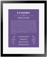 Leandro custom name art showing meaning and origin in purple with black matte frame