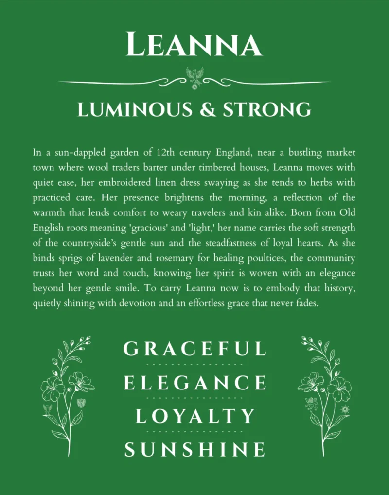 Leanna personalized wall art with the story of your name in dark green