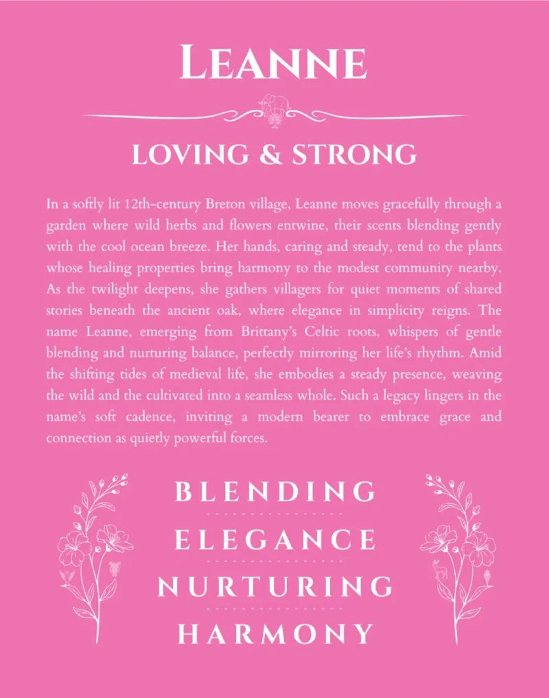 Leanne personalized name print with origin and traits in pink